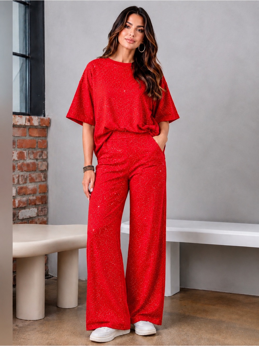 Women's Red Rhinestone Set, 100% Cotton